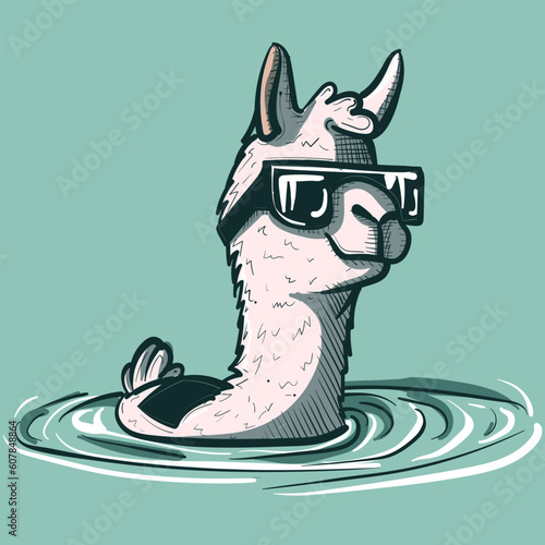 Digital art of a swimming llama with wet wool and sunglasses on a pool. Cool alpaca sitting in water splashes.