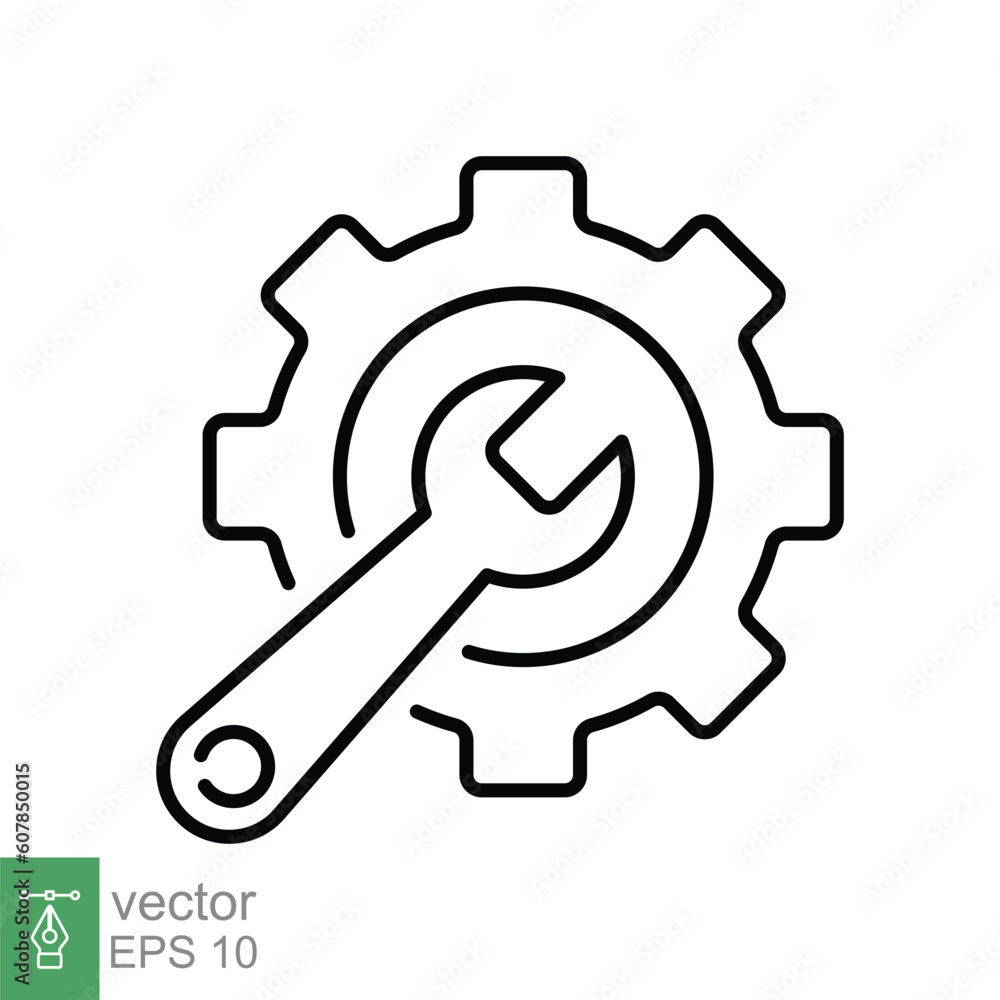 Service tools icon. Simple outline style. Gear and spanner, adjust, build, toolkit, workshop, repair concept. Thin line symbol. Vector illustration isolated on white background. EPS 10. Service tools icon. Simple outline style. Gear and spanner, adjust, build, toolkit, workshop, repair concept. Thin line symbol. Vector illustration isolated on white background. EPS 10.