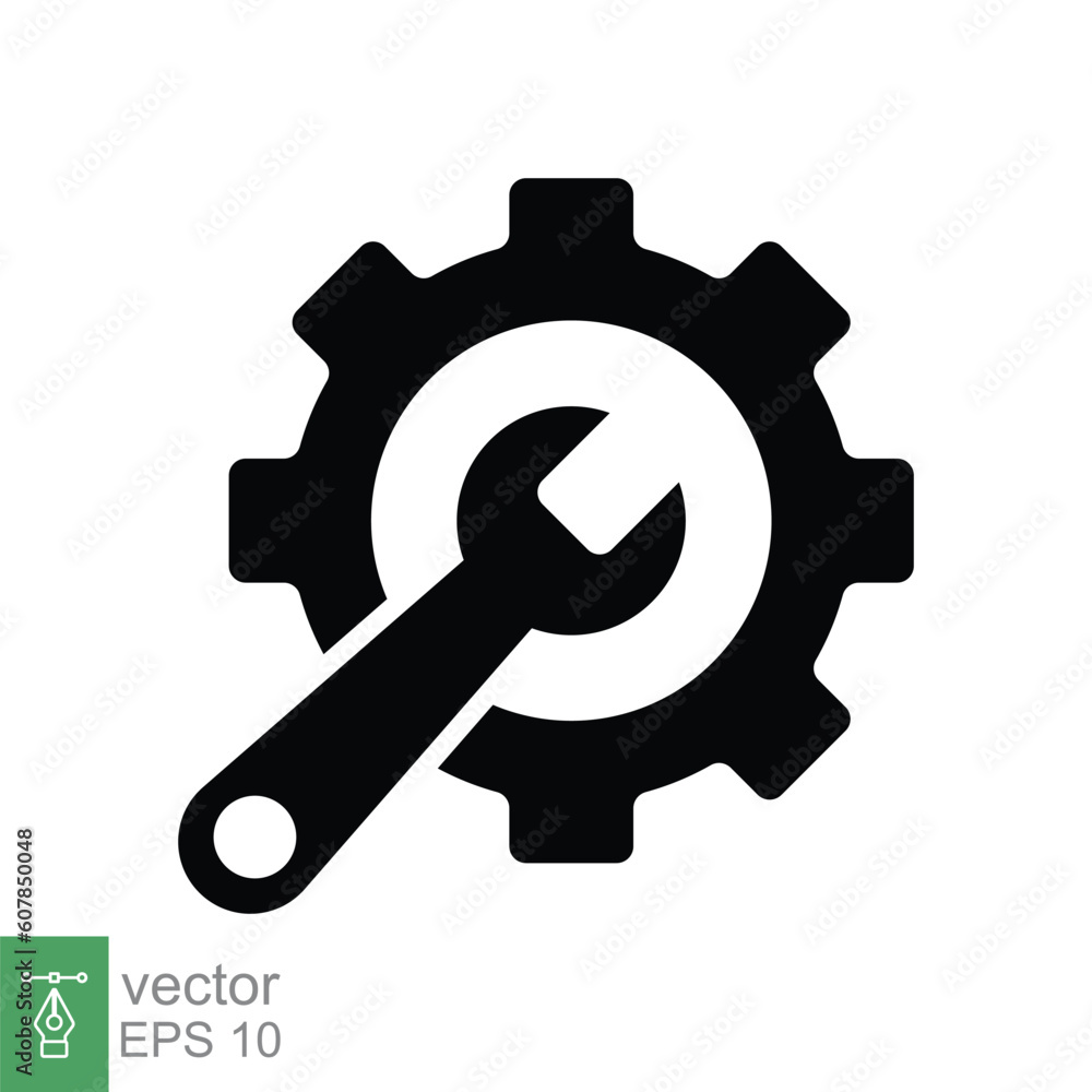 Service tools icon. Simple solid style. Gear and spanner, adjust, build, toolkit, workshop, repair concept. Black silhouette, glyph symbol. Vector illustration isolated on white background. EPS 10. Service tools icon. Simple solid style. Gear and spanner, adjust, build, toolkit, workshop, repair concept. Black silhouette, glyph symbol. Vector illustration isolated on white background. EPS 10.