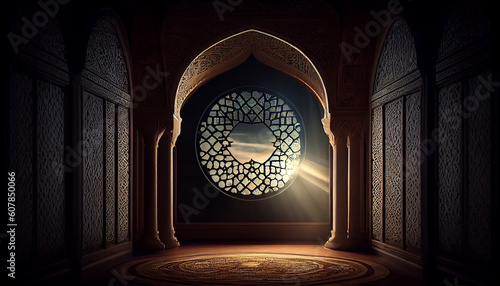 Moon light shine through the window into islamic mosque Ai generated image