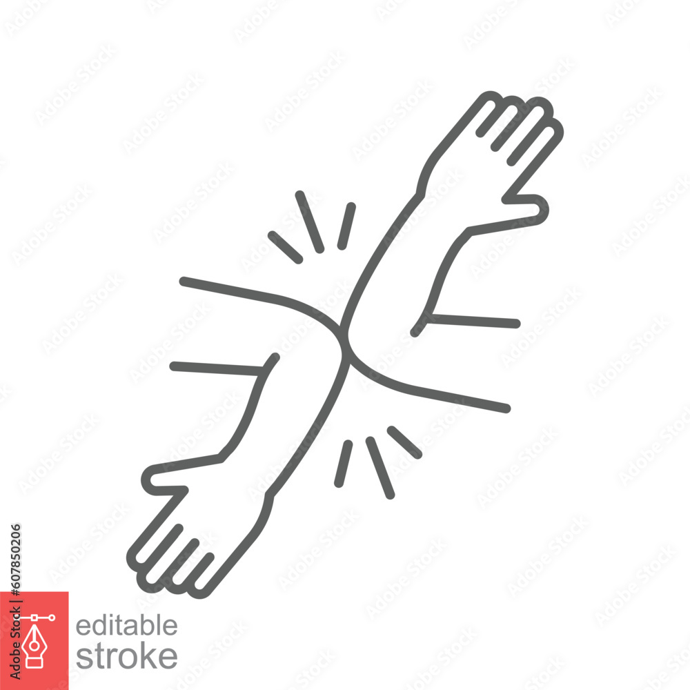 Greeting without shaking hands icon. Simple outline style. Arm shake, elbow bump, no hand shake concept. Thin line symbol. Vector illustration isolated on white background. Editable stroke EPS 10. Greeting without shaking hands icon. Simple outline style. Arm shake, elbow bump, no hand shake concept. Thin line symbol. Vector illustration isolated on white background. Editable stroke EPS 10.