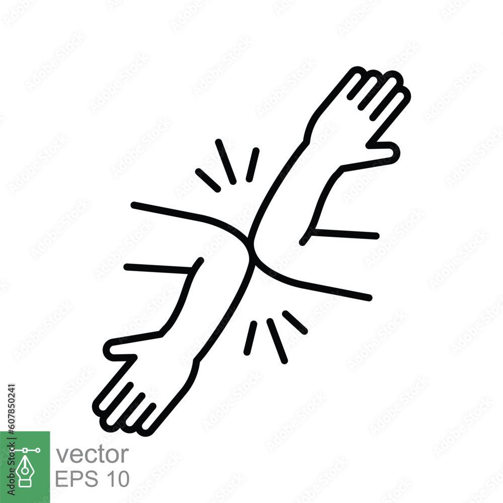 Greeting without shaking hands icon. Simple outline style. Arm shake, elbow bump, no hand shake concept. Thin line symbol. Vector illustration isolated on white background. EPS 10. Greeting without shaking hands icon. Simple outline style. Arm shake, elbow bump, no hand shake concept. Thin line symbol. Vector illustration isolated on white background. EPS 10.
