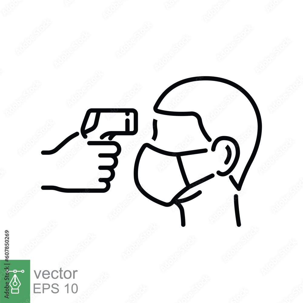 Body temperature check icon. Simple outline style. Gun scanner digital thermometer, forehead, medical concept. Thin line symbol. Vector illustration isolated on white background. EPS 10. Body temperature check icon. Simple outline style. Gun scanner digital thermometer, forehead, medical concept. Thin line symbol. Vector illustration isolated on white background. EPS 10.