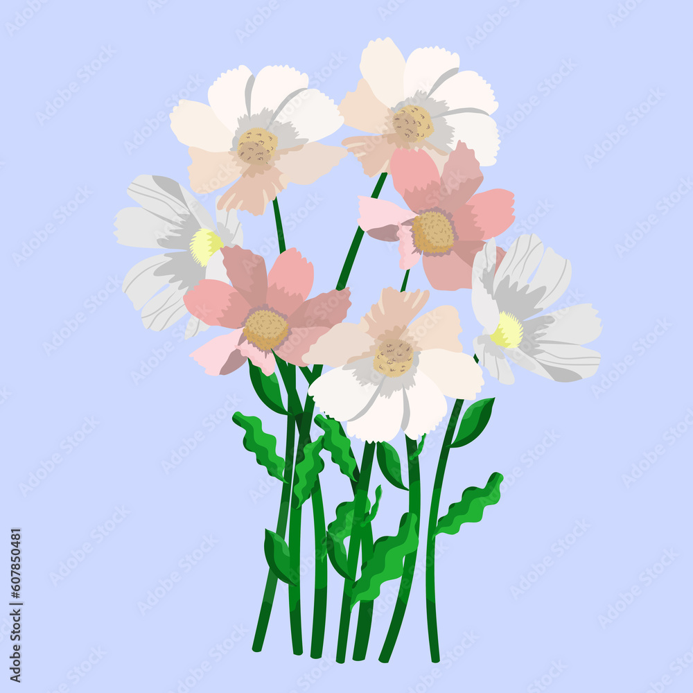 Obraz premium Flowers group illustration digital art painting white pink 7 flowers love gift birthday valentines