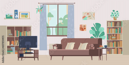 Living room interior with no people flat vector illustration. Cozy interior with bookcases, couch, TV.