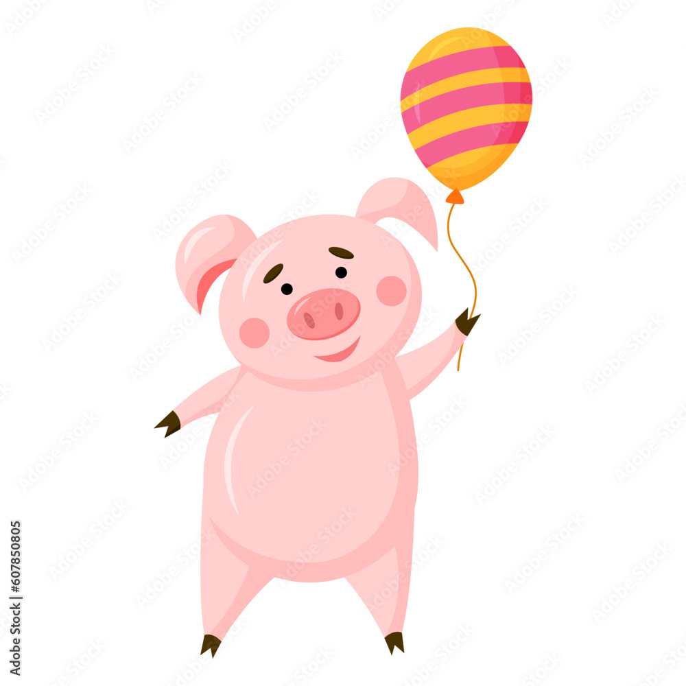 Vector cute pig cartoon character with balloon isolated on white background. Funny piggy illustration Vector cute pig cartoon character with balloon isolated on white background. Funny piggy illustration