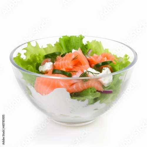Healthy diet food fresh green lettuce salad with smoked salmon, Generative ai