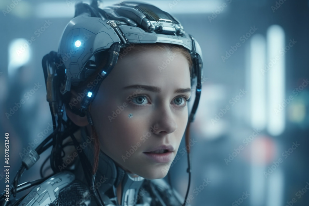 A close up of humanoid cyber girl with a neural network thinks. Robot woman or humanoid cyber girl. Artificial intelligence with a digital brain is learning to process big data A close up of humanoid cyber girl with a neural network thinks. Robot woman or humanoid cyber girl. Artificial intelligence with a digital brain is learning to process big data