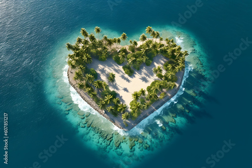 heart-shaped island in the ocean with palm trees, top view,captured by mavic 3 cine ai generated art Generative AI