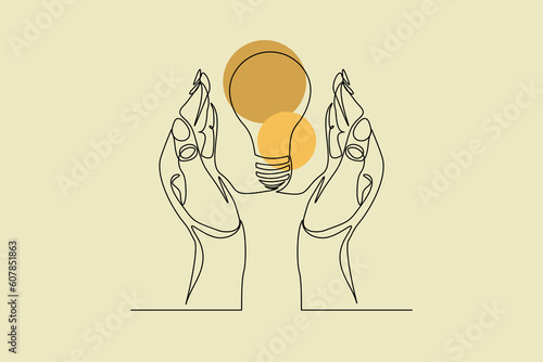 Continuous single one line drawing art of open palm hand holding idea bulb vector illustration
