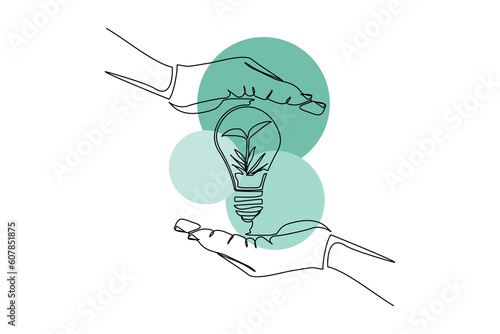 Continuous single one line drawing art of open palm hand holding light bulb and plant seeds vector illustration. Show idea and growth concept