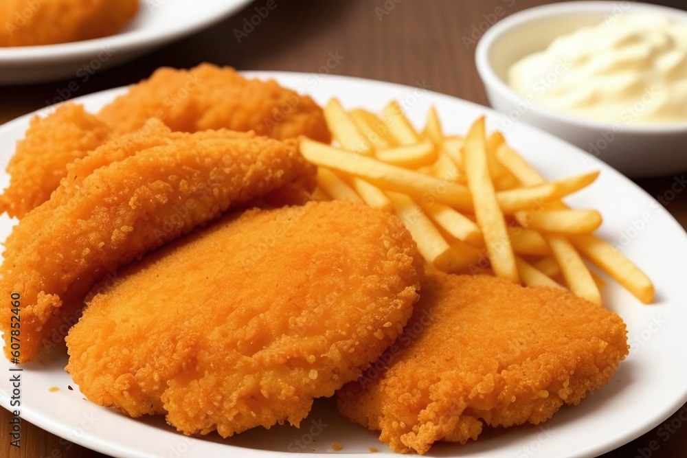 chicken nuggets with fries and cheese sauce. Generative AI chicken nuggets with fries and cheese sauce. Generative AI