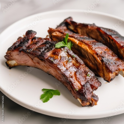 Grilled ribs serverd over big white plate, Generative ai