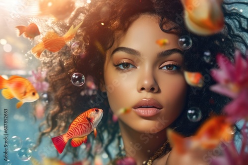 close up portrait of a beautiful woman in water, ai tools generated image