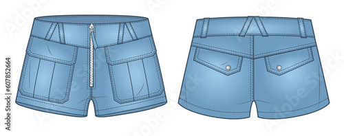 Denim Shorts technical fashion illustration. Short Pants fashion flat technical drawing template, low rice, front and back view, blue, women, men, unisex CAD mockup.