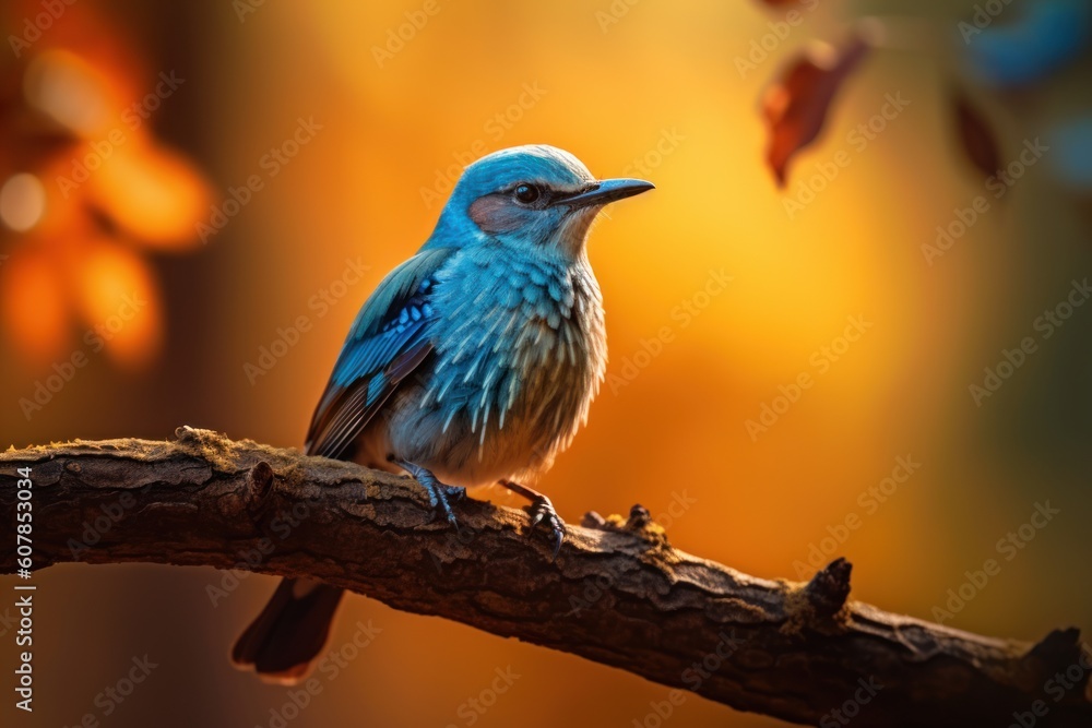 Obraz premium close up view on a little blue bird in an autumn forest, ai tools generated image