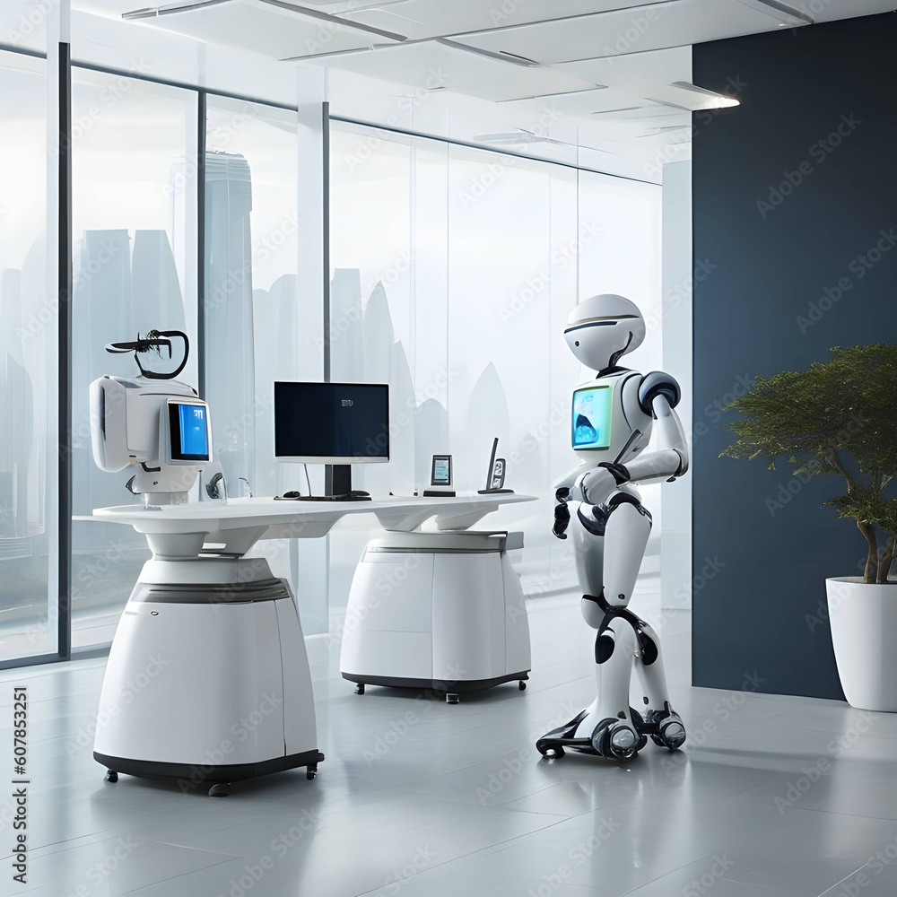 Smart Office Interior HighTech Equipment and Humanoid Robots