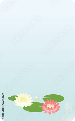 睡蓮が咲いている池の背景フレームイラスト