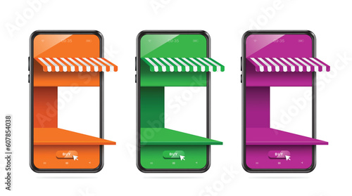 Smartphone store or shop in 3 colors, orange, green, purple, vector 3d isolated on white background for online shopping concept design ,vector for 
delivery, e commerce advertising design
