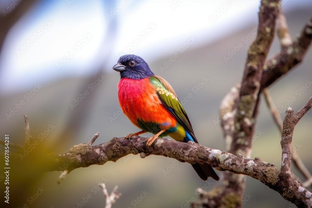 colorful bird perched on tree branch, with view of natural landscape, created with generative ai