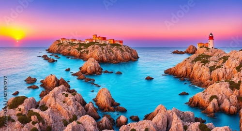 Colorful morning scene of Sardinia, Italy, Europe. Fantastic sunrise on Capo San Marco Lighthouse on Del Sinis peninsula. Picturesque seascape of Mediterranean sea, generative ai photo