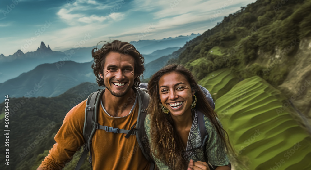 Couple taking selfie in outdoors while hiking in the mountains. Generative Ai Illustration.