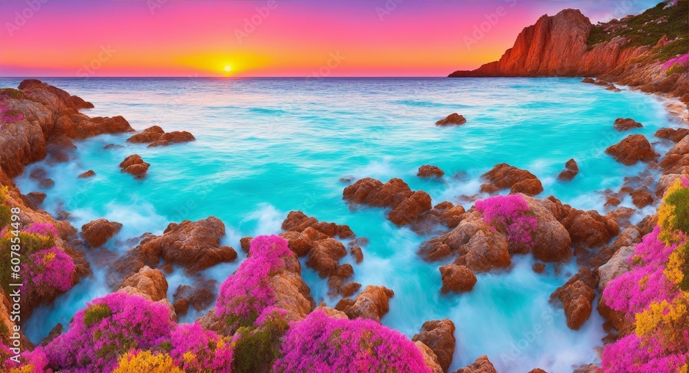 Beautiful spring scenery. Colorful morning scene of Sardinia, Italy, Europe. Fantastic sunrise on Del Sinis peninsula. Picturesque seascape of Mediterranean sea, generative ai - obrazy, fototapety, plakaty 