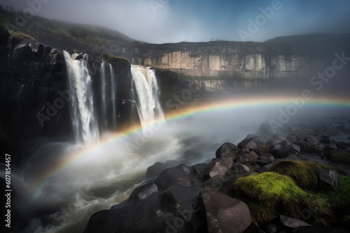 dramatic cascading waterfall  with mist and rainbows in the background  created with generative ai