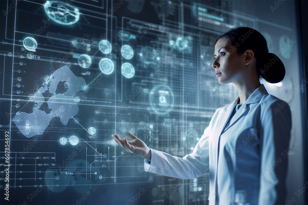 female scientist in front of a large electronic screen with research or observation data. Generative AI female scientist in front of a large electronic screen with research or observation data. Generative AI