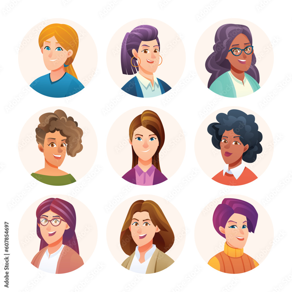 Collection of woman avatar characters. Female avatars in cartoon style Collection of woman avatar characters. Female avatars in cartoon style