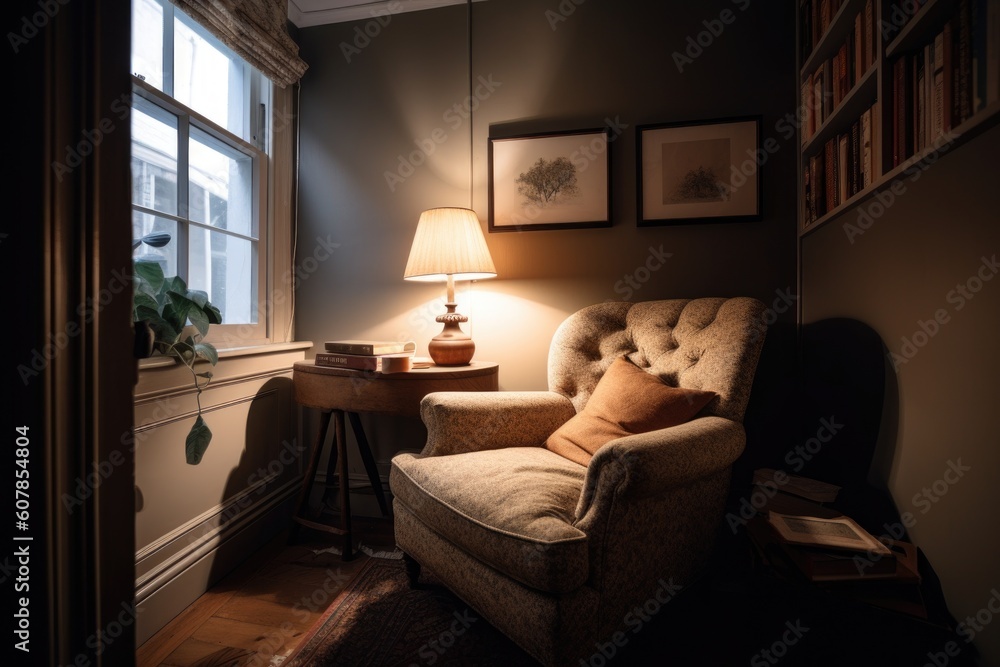 cozy reading nook with plush armchair and floor lamp for nighttime reading, created with generative ai cozy reading nook with plush armchair and floor lamp for nighttime reading, created with generative ai