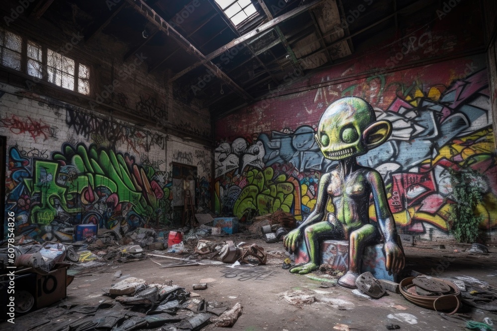 alien with spray can and graffiti piece on wall of abandoned warehouse, created with generative ai