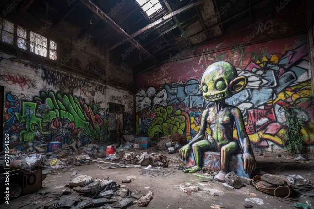 alien with spray can and graffiti piece on wall of abandoned warehouse, created with generative ai alien with spray can and graffiti piece on wall of abandoned warehouse, created with generative ai