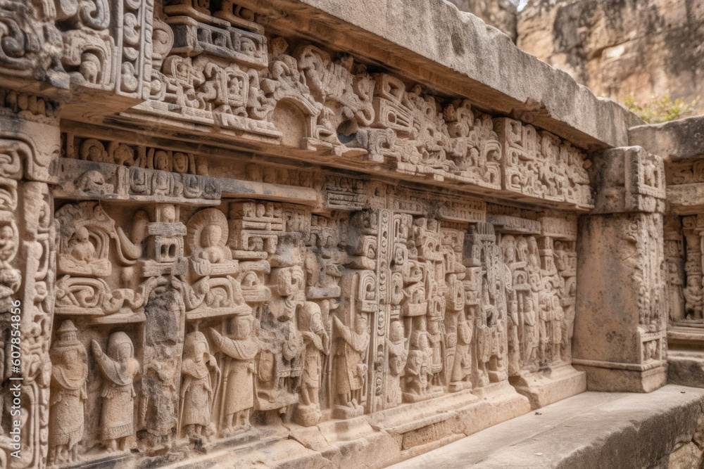 close-up of intricate carvings on ancient stone ruins, created with generative ai