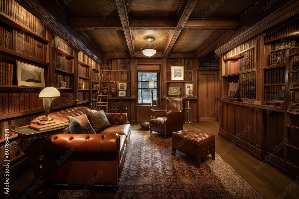 wood-paneled library, with shelves full of books and leather armchairs, created with generative ai wood-paneled library, with shelves full of books and leather armchairs, created with generative ai
