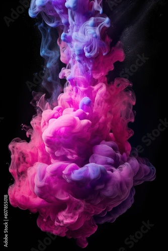 Colorful paint drops from above mixing in water. Ink swirling underwater. AI generated. Pink, purple, blue colors. 