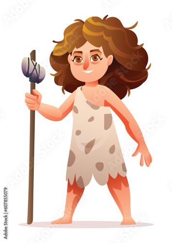 Primitive girl character. Prehistoric stone age cave girl cartoon illustration