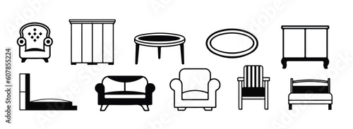 Vector black furniture icon set. Furniture illustration symbols collection.