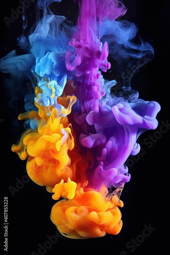 Colorful rainbow paint drops from above mixing in water. Ink swirling underwater. Orange, blue, purple colors. AI generated.