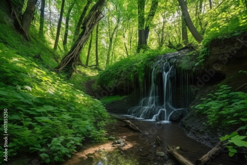 peaceful forest with cascading waterfall and clear blue sky above, created with generative ai
