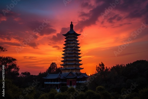 sunset view of china pagoda with orange and pink hues visible in the sky, created with generative ai