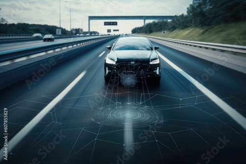 connected car, with sleek exterior and advanced technology, speeding down highway, created with generative ai