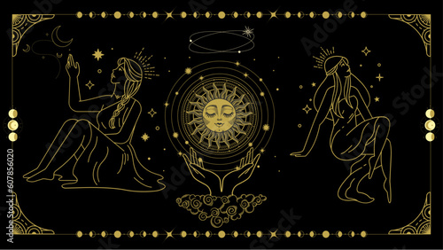 A line art of women holding a sun in tarot art theme.