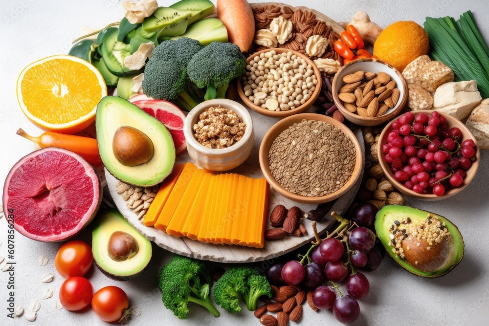 plate of immune-boosting foods, including fruits and vegetables, whole grains, and nuts & seeds, created with generative ai plate of immune-boosting foods, including fruits and vegetables, whole grains, and nuts & seeds, created with generative ai