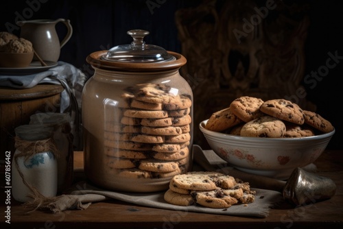 Stampa su tela cookie jar overflowing with cookies and biscotti in rustic setting, created with