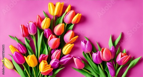 Beautiful bouquet of colorful tulip flowers on white background, top view. Space for text, generative ai © Aimages