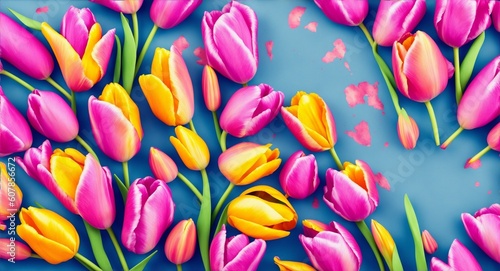 Beautiful bouquet of colorful tulip flowers on white background, top view. Space for text, generative ai © Aimages