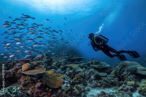 a diver, surrounded by schools of fish and waving coral in a vibrant reef, created with generative ai © altitudevisual