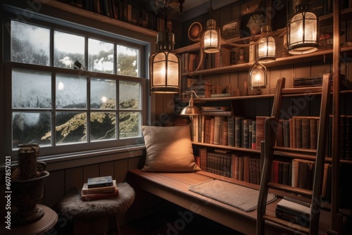 cozy reading nook in library, with bookshelves and lanterns for added ambiance, created with generative ai