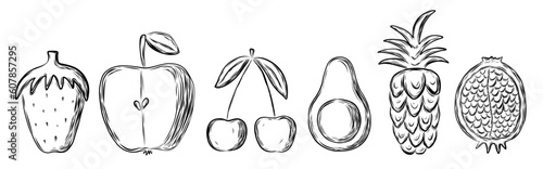 Set with fruits and berry in hand drawn sketch style